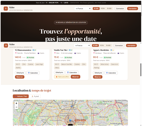 Site Nidus : plateforme de location avec recherche par temps de trajet réel, fiches logements et carte isochrone
